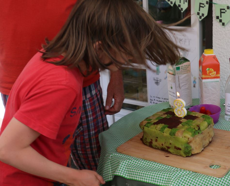 Anniversaire Minecraft: le gateau creeper sur la table du buffet